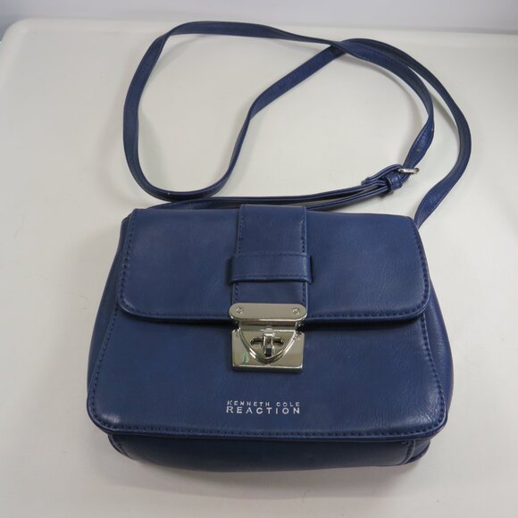 Kenneth Cole REACTION Navy Blue Faux Leather Purse / Bag Silver Hardware - Picture 1 of 14